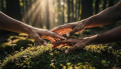 Hands touching above forest moss, symbolizing collaboration, respect and shared responsibility