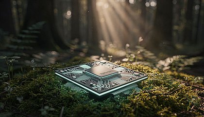 Hightech-Microchip auf Waldboden mit Sonnenstrahlen als Symbol für intelligente und nachhaltige Technologien